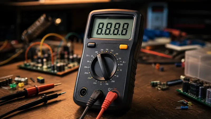 A digital multimeter displaying bright 7-segment digits
